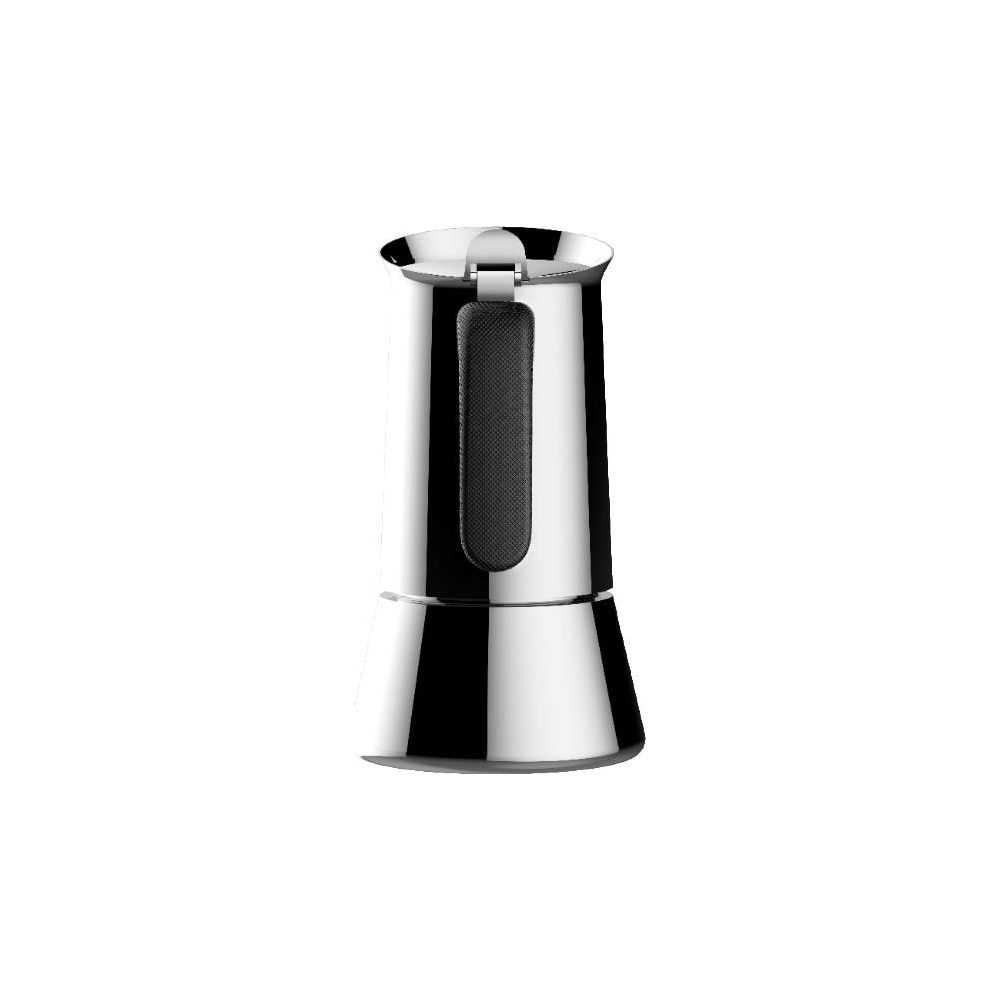 Błyszcząca metalowa kawiarka z czarnym detalem uchwytu.