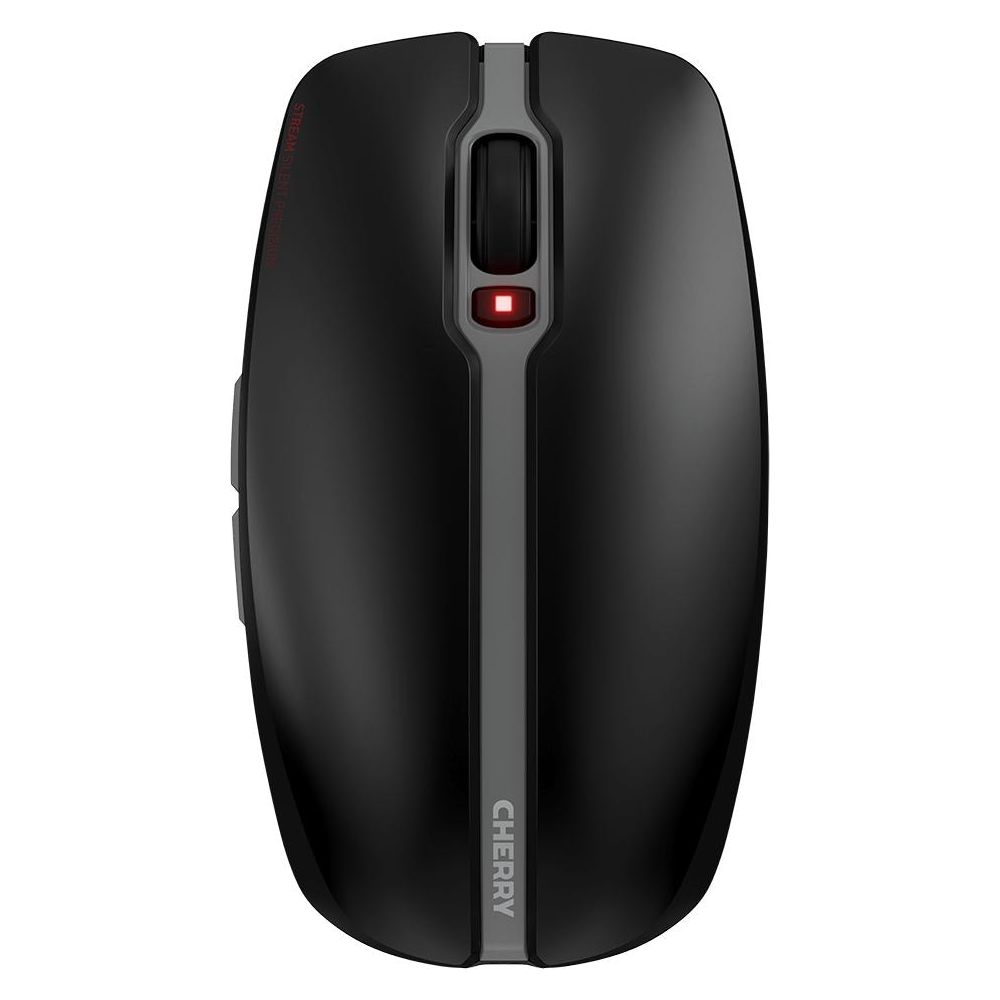 Czarna mysz bezprzewodowa z kółkiem i czerwoną diodą.