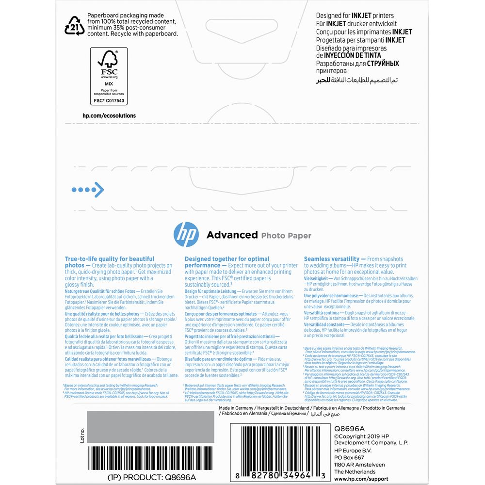 Confezione HP Advanced Photo Paper con certificazione FSC e informazioni multilingue sul prodotto.
