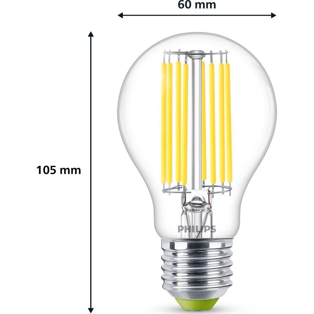 Une ampoule transparente avec des LED jaunes, 105 mm de haut et 60 mm de large.