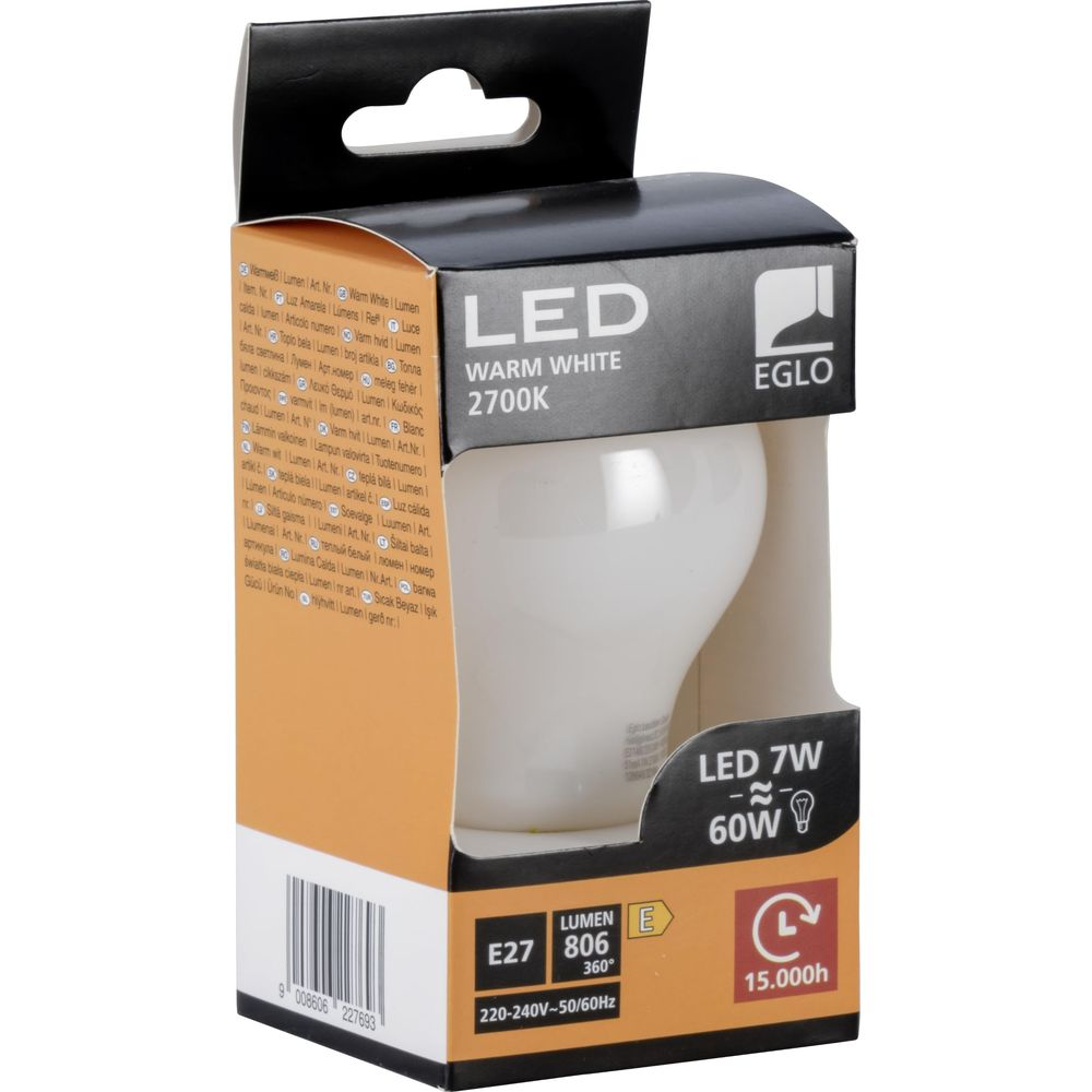 Eine EGLO LED-Lampe in Verpackung, Warm White 2700K, 7W, 806 Lumen.