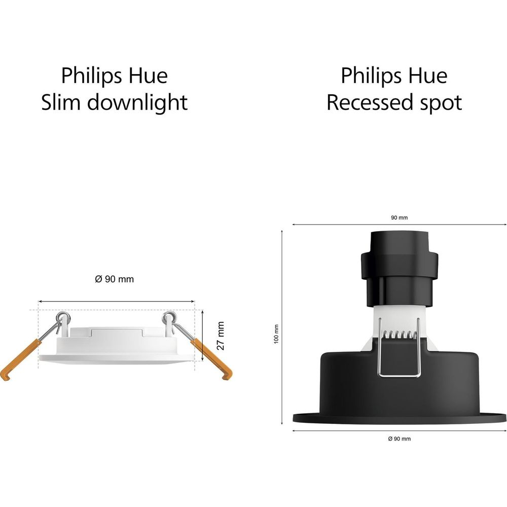 Philips Hue Downlight Slim et Spot Encastré avec dimensions.