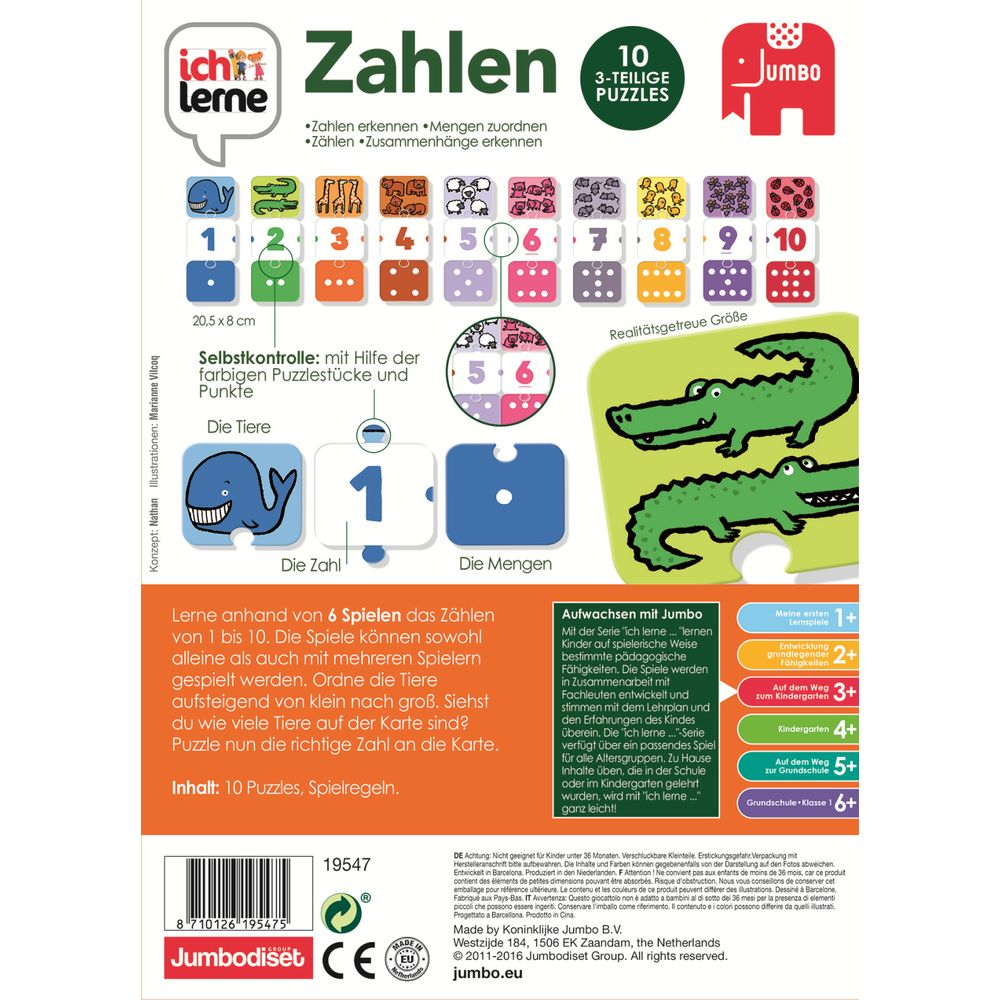 Gioco educativo Jumbo: Numeri 1-10, 10 puzzle, coccodrilli, animali, numeri e quantità.