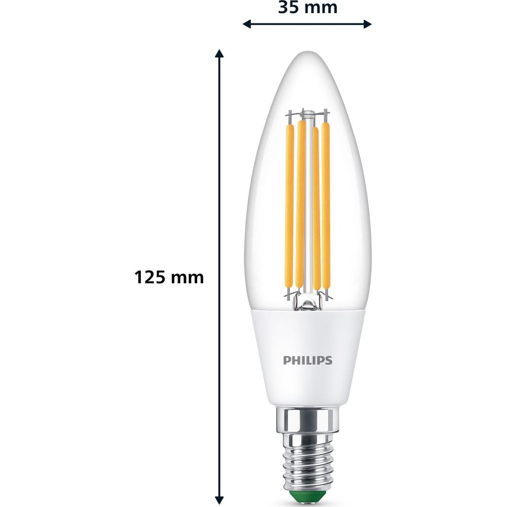 Une ampoule LED Philips blanche en forme de bougie, 125 mm de long, 35 mm de large.
