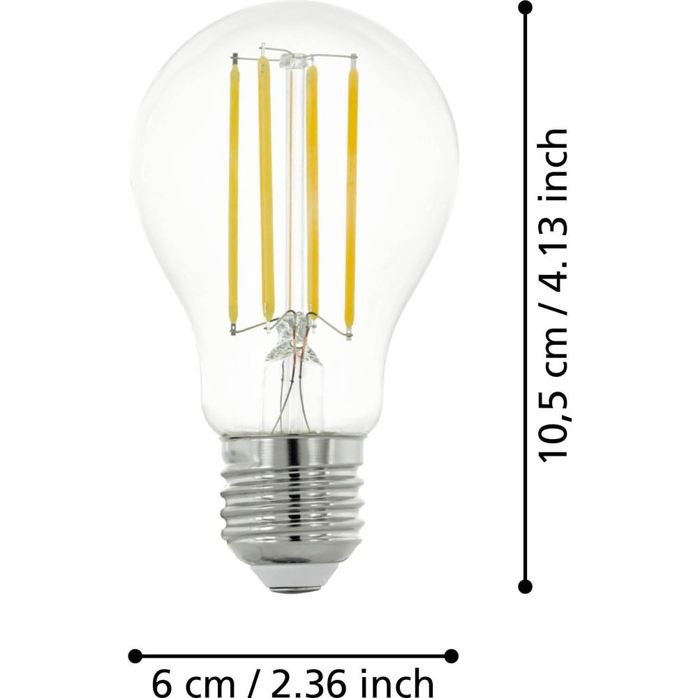 Une ampoule en verre transparent avec quatre filaments LED jaunes et une base argentée.