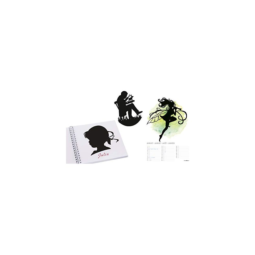 Ein Notizbuch mit Silhouette, eine sitzende Figur und eine Fee.