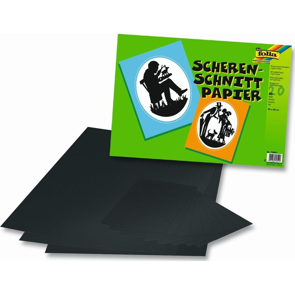 Grüner Karton mit Aufdruck 'Scheren-Schnitt-Papier', daneben schwarzes Papier.