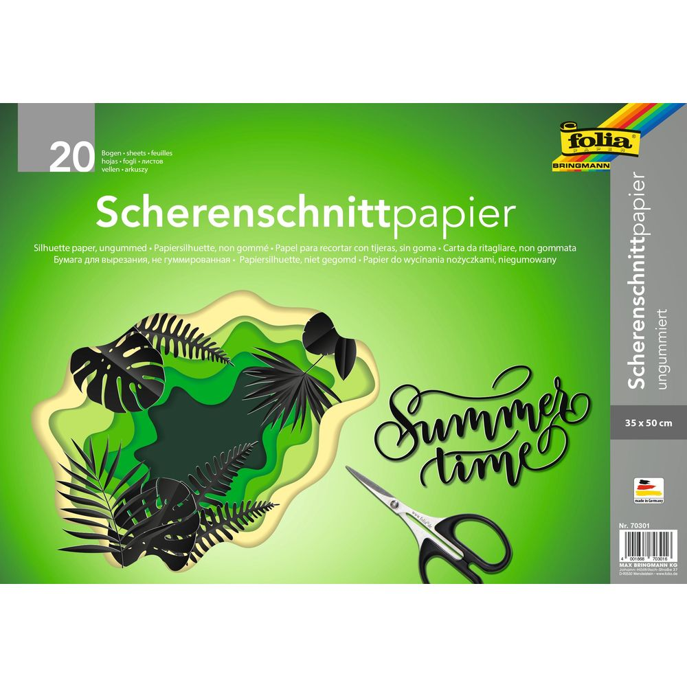 Ein Paket Scherenschnittpapier mit tropischen Blättern und Schere.