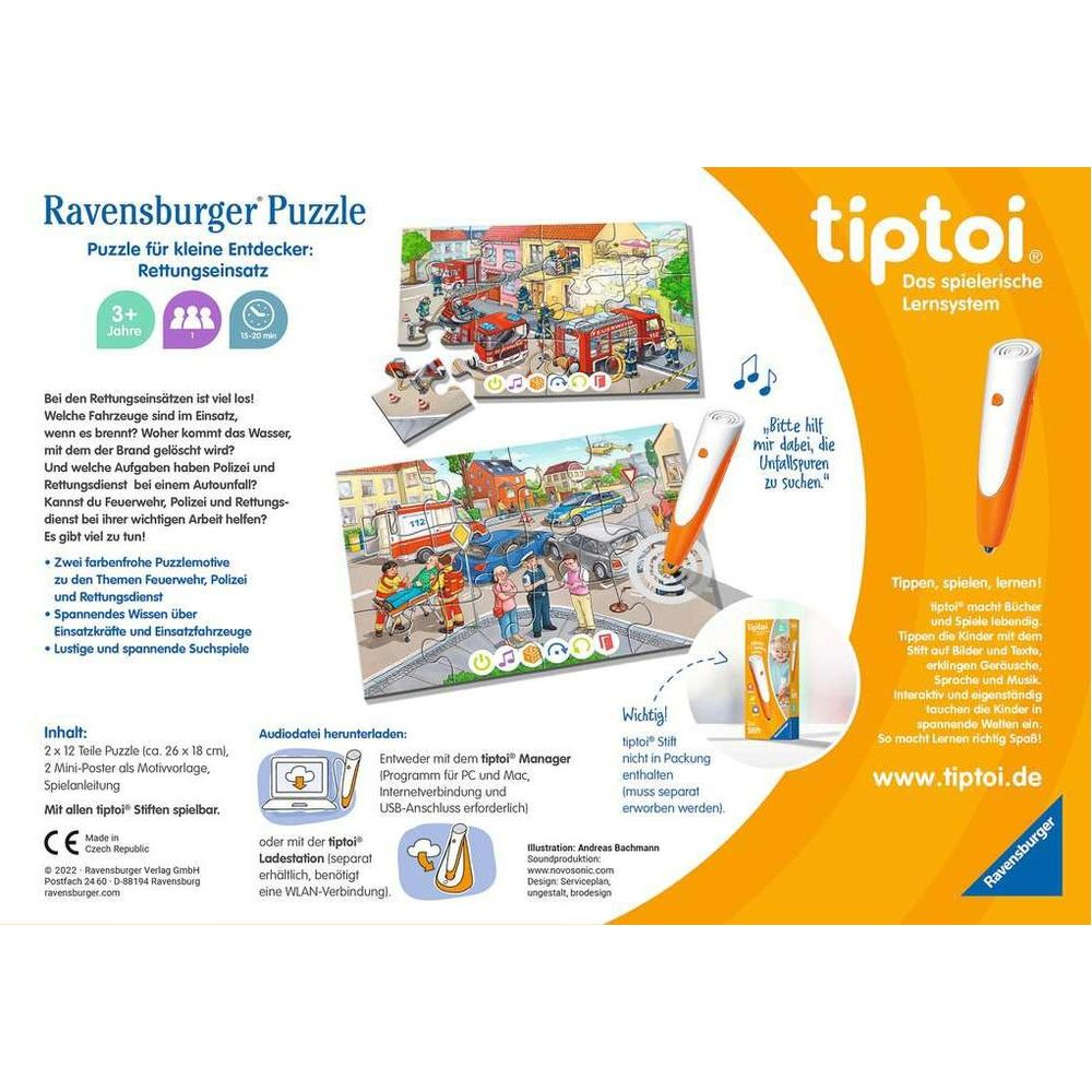 Ravensburger Puzzle: Rettungseinsatz mit Feuerwehr, Polizei & Unfall. Tiptoi Stift erklärt die Szene.