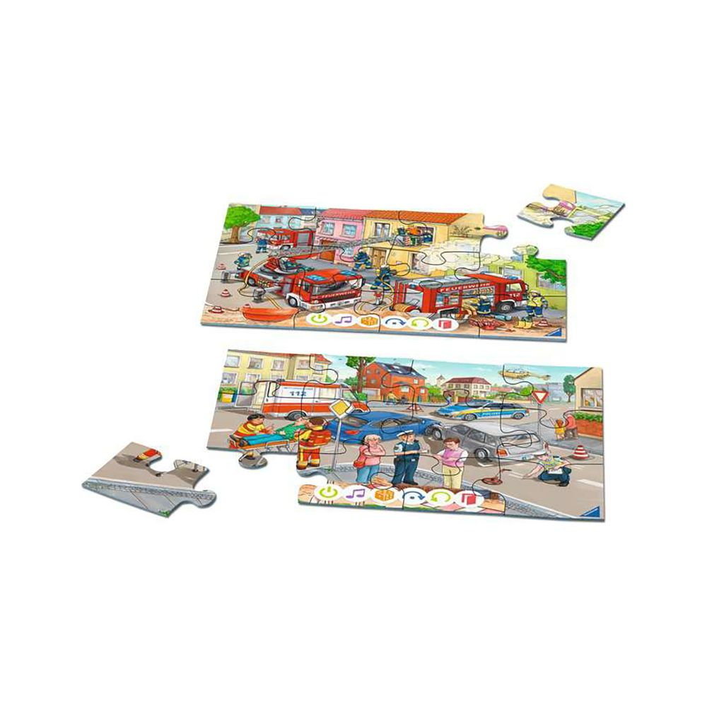 Zwei Puzzles zeigen Rettungsszenen mit Feuerwehrautos, Krankenwagen und Polizei.