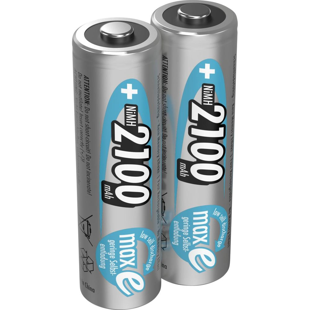 Dwie baterie AA NiMH o pojemności 2100mAh z logo "max e".