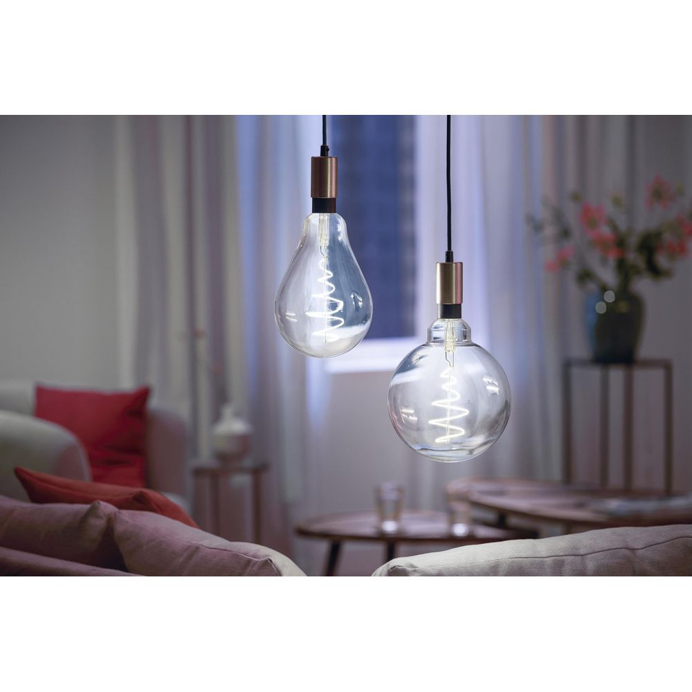 Twee decoratieve gloeilampen met spiraalvormige gloeidraden hangen.