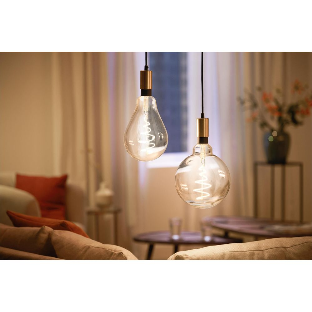 Twee Edison-stijl gloeilampen met spiraalfilamenten hangen in een gezellige woonkamer.