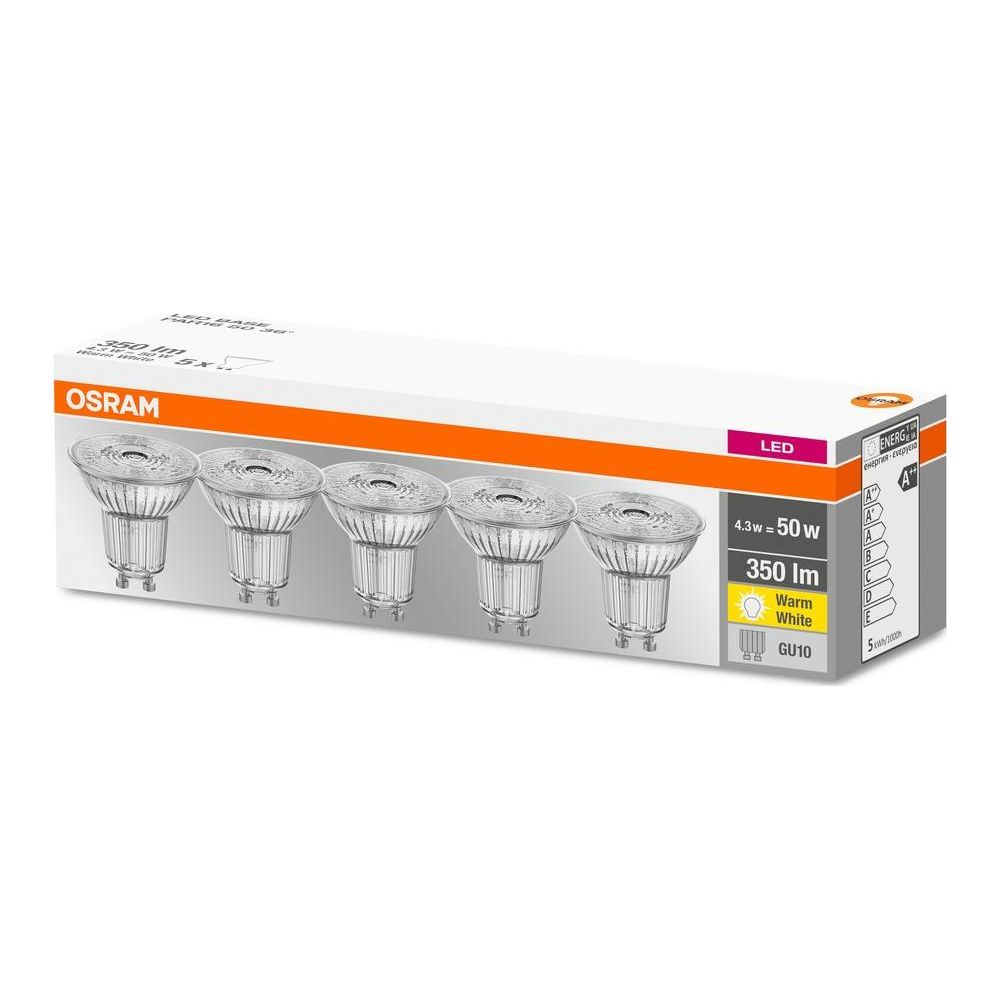 Cinq ampoules LED Osram à culot GU10 sur un emballage blanc.