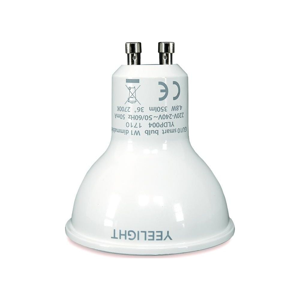 Une ampoule connectée GU10 blanche avec deux broches et marquage CE.