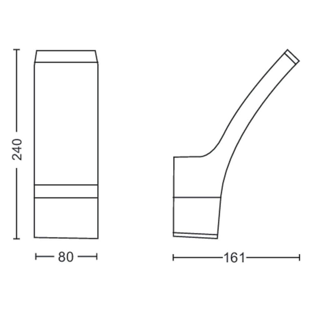 Technische Zeichnung einer Leuchte: Zylinderform (80x240mm) und gebogene Form (161mm).