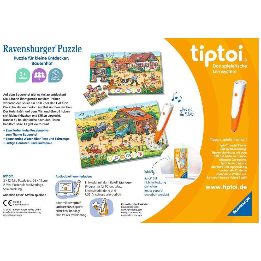 Puzzle z farmą Ravensburger z piórem tiptoi: scena wiejska ze zwierzętami, traktorem i domem.