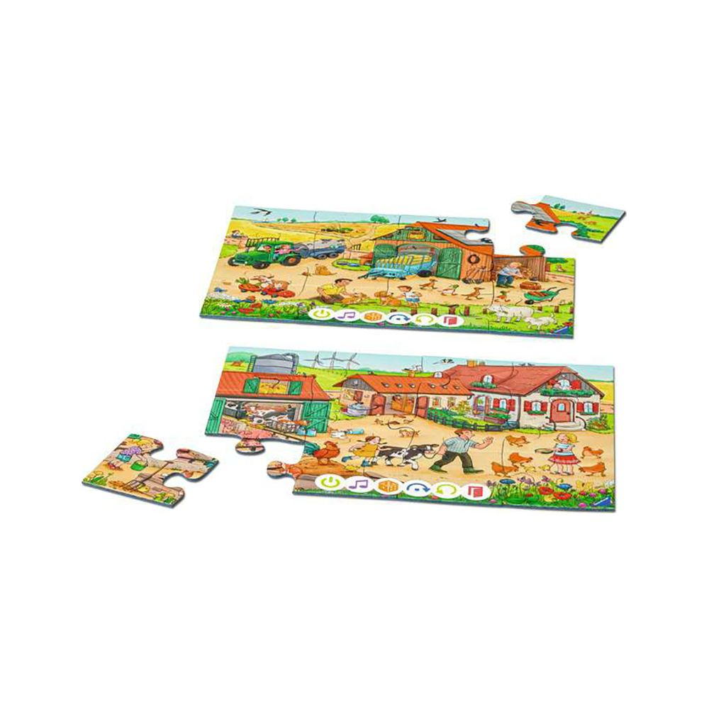 Scena wiejska z traktorem, stodołą, zwierzętami i ludźmi.