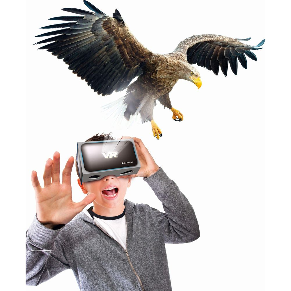 Junge mit VR-Brille schaut auf einen Adler im Flug.