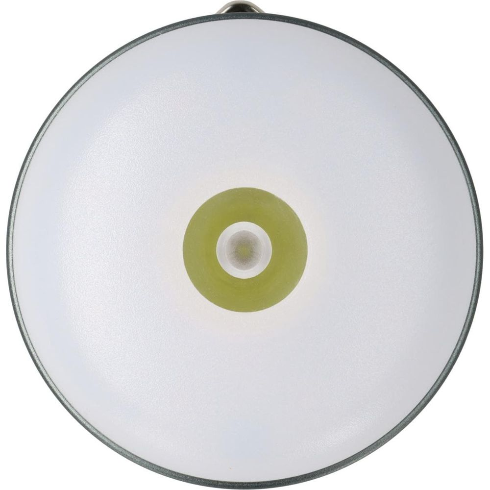 Okrągła, biała lampa z zielonym pierścieniem i centralną żarówką.