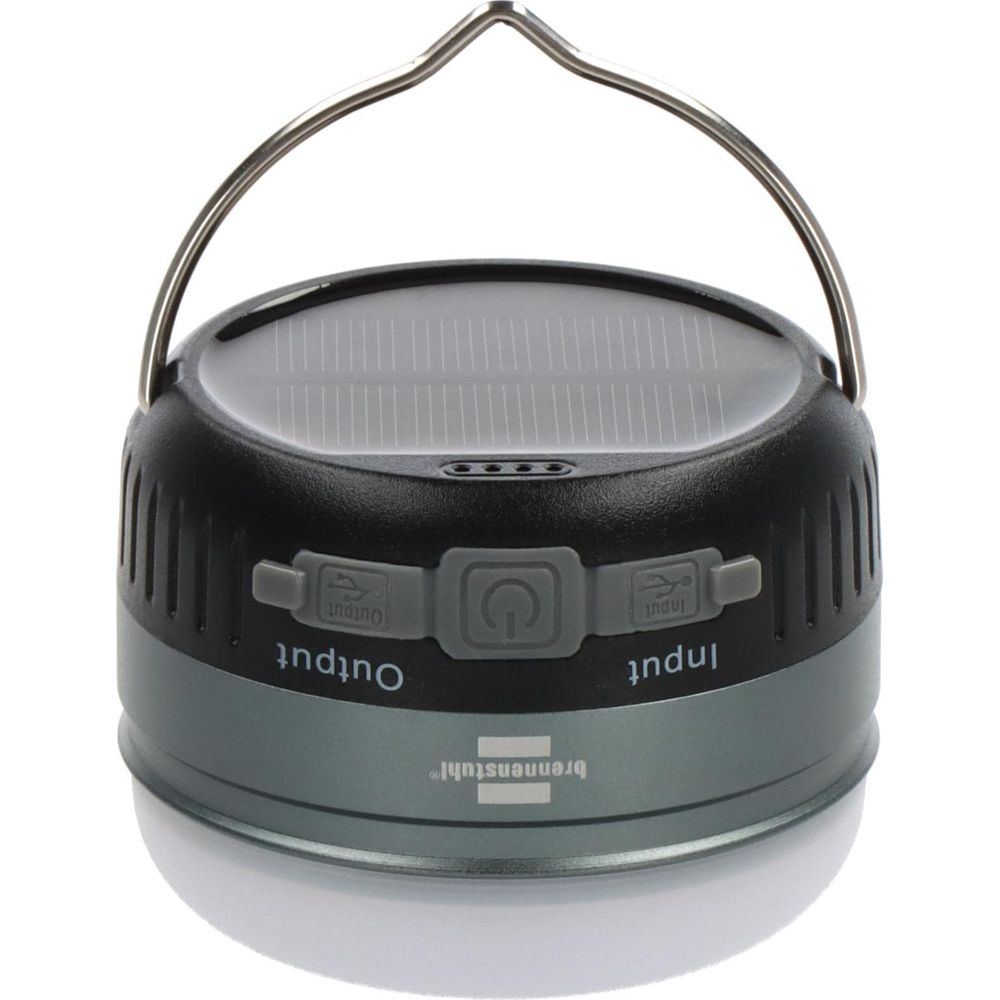 Czarna i szara latarnia solarna z srebrnym uchwytem i portami USB.