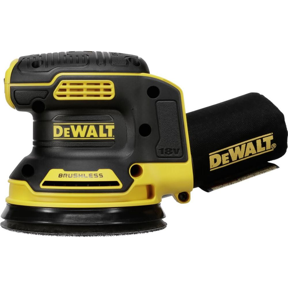 Czarno-żółta szlifierka oscylacyjna DeWalt z workiem na pył.