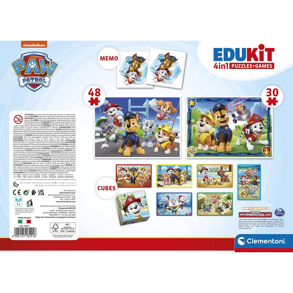 Paw Patrol Edukit z Memo, puzzlami 48 i 30 elementów oraz kostkami.