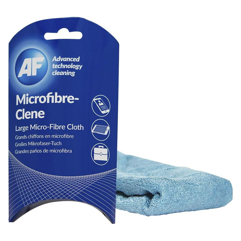 Niebieska ściereczka z mikrofibry z ikonami elektroniki, okien i teczki.