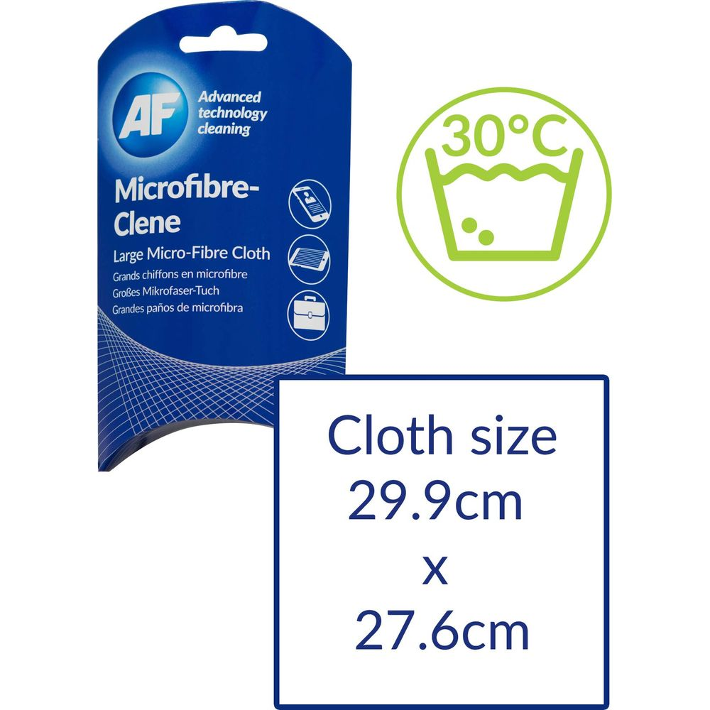 Opakowanie ściereczki AF Microfibre-Clene o wymiarach 29,9cm x 27,6cm i symbolu prania 30°C.