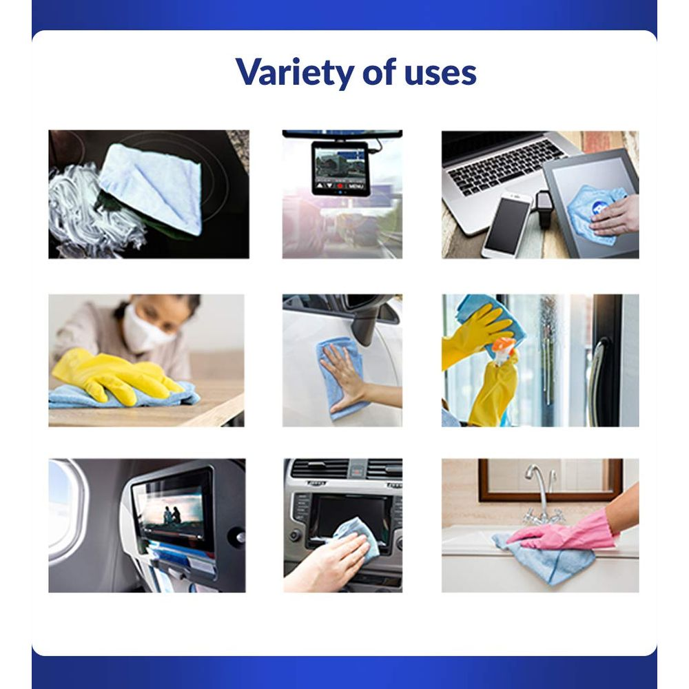 Wiele obrazów pokazuje ściereczki z mikrofibry używane do różnych zadań czyszczących.