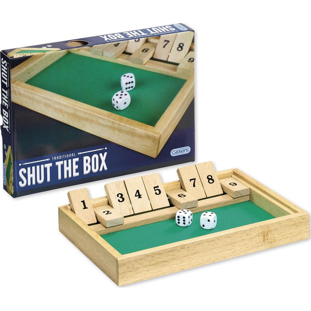 Holzspiel Shut the Box mit Würfeln und aufklappbaren Zahlenkarten.