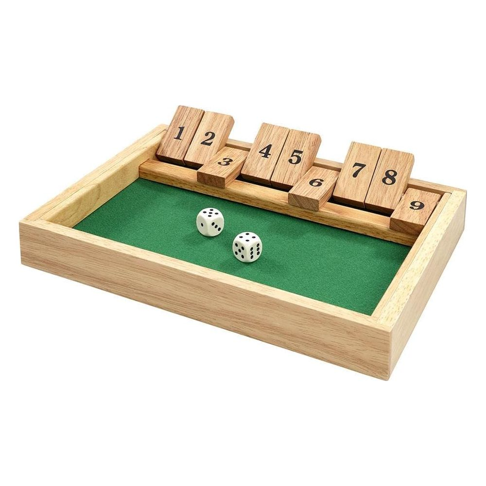 Holzspiel mit zwei Würfeln und Zahlenblöcken von 1 bis 9 auf grünem Filz.