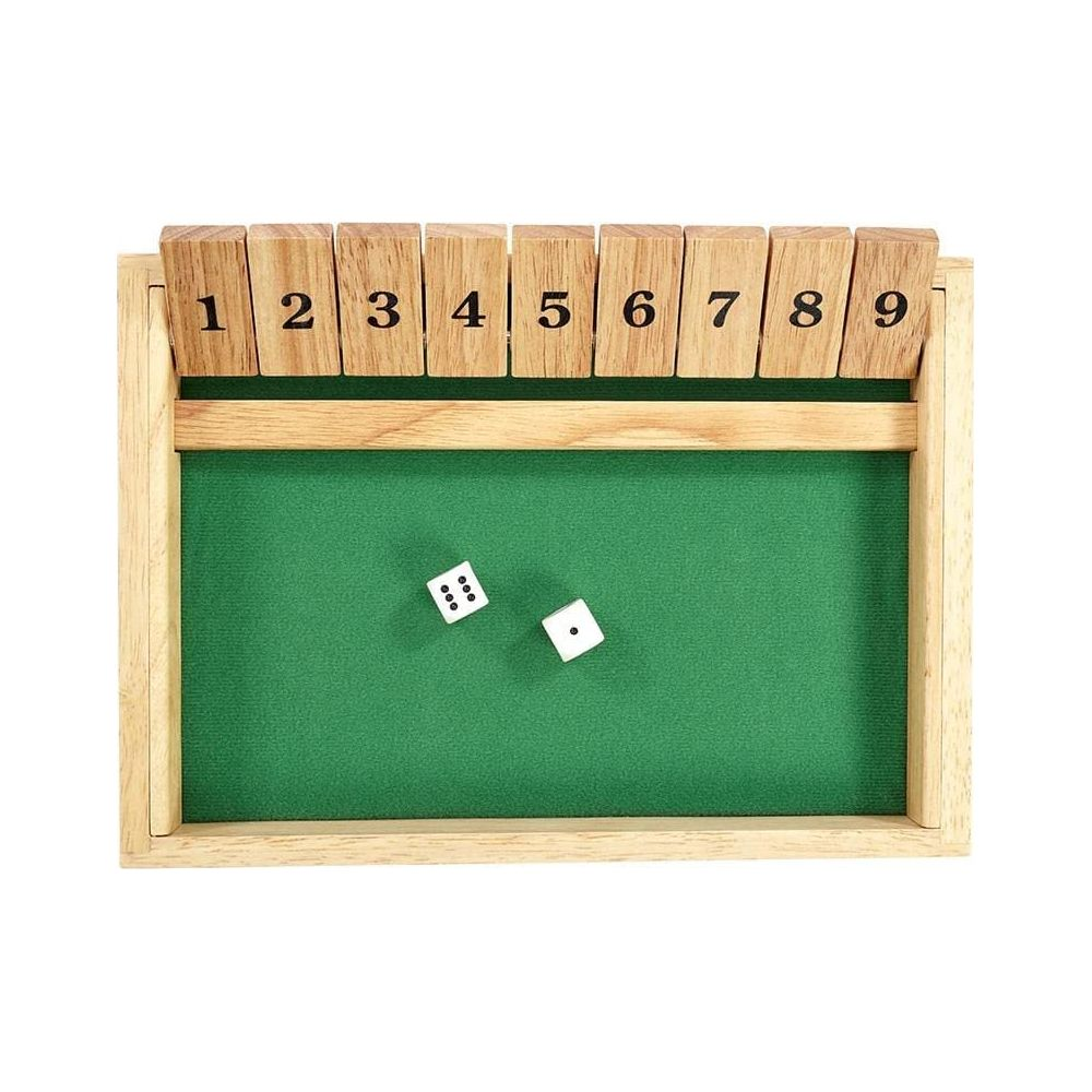 Ein Würfelspiel mit Holzrahmen und Zahlen 1-9. Zwei Würfel liegen auf grünem Filz.