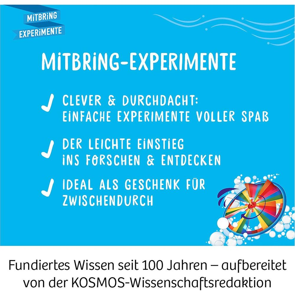 Blauer Hintergrund mit Text über Experimente und einem bunten Rad.