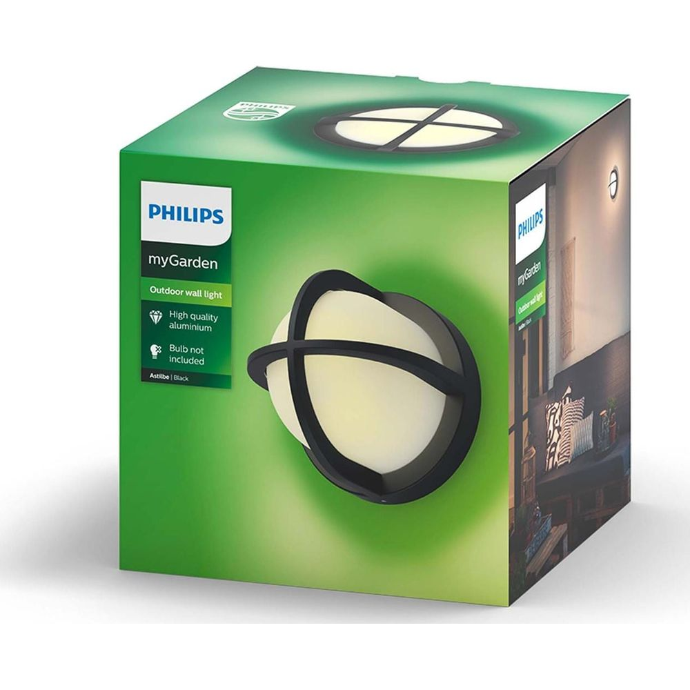 Verpackung einer Philips myGarden Außenwandleuchte in Schwarz mit Glaskugel.