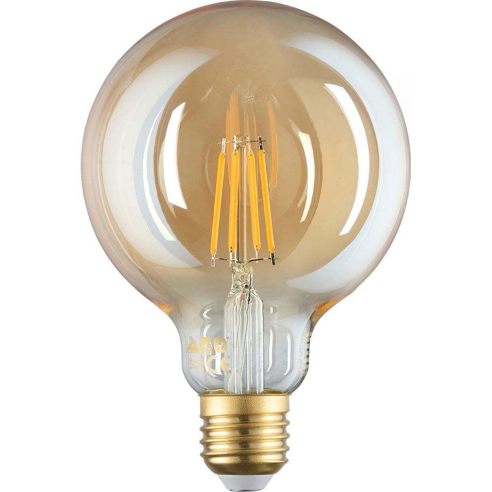 Una lampadina Edison color ambra con filamenti visibili e base dorata.