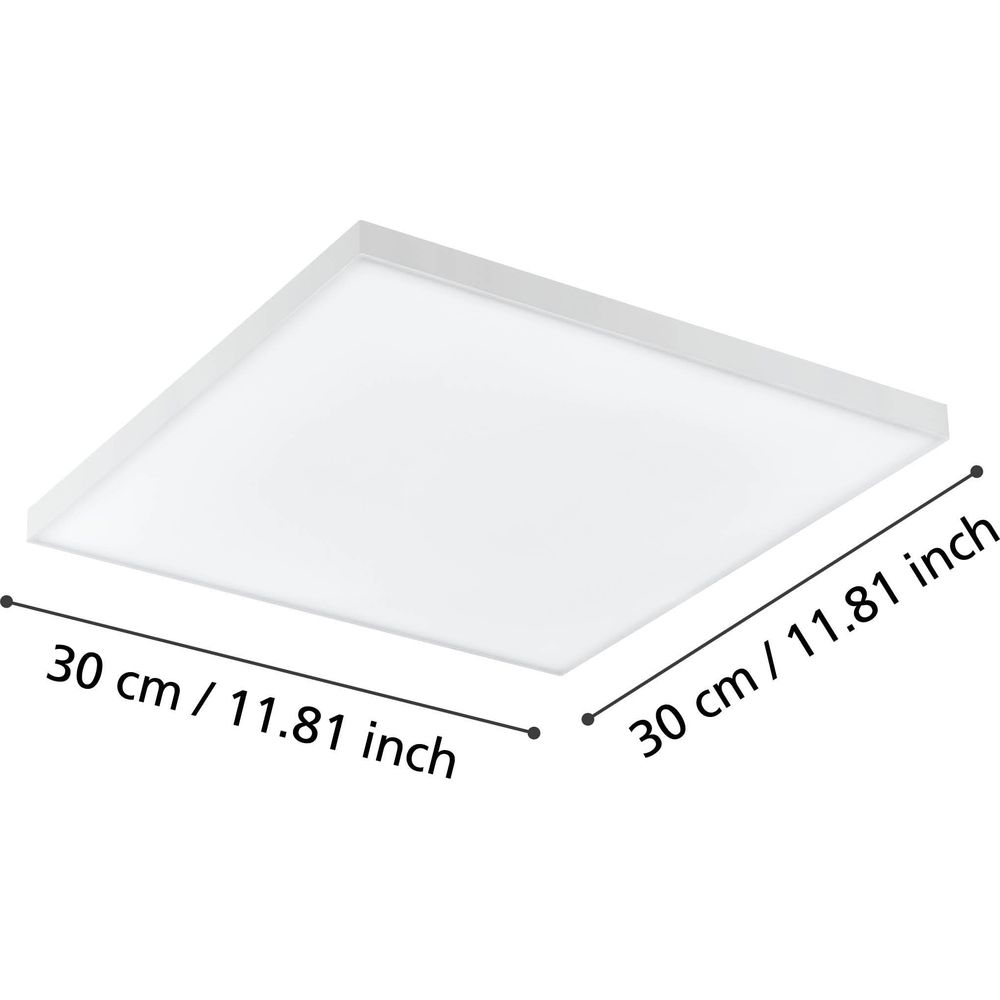 Una luz de techo cuadrada blanca con dimensiones de 30 cm / 11,81 pulgadas.