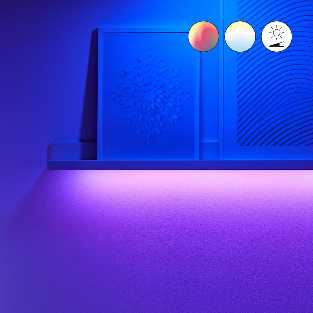 Omlijst bladerpatroon met drie iconen op blauwe plank, paars licht.