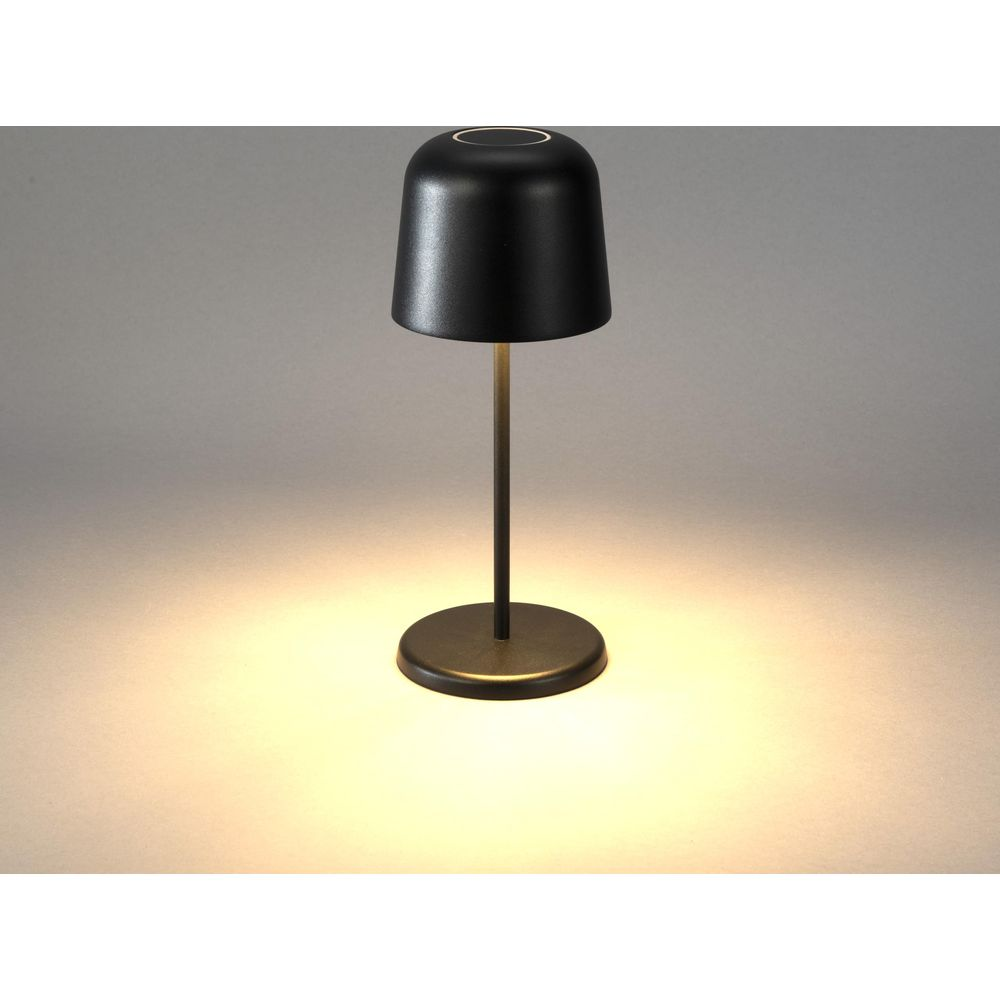 Eine schwarze Tischlampe mit rundem Sockel und schmalem Stiel.