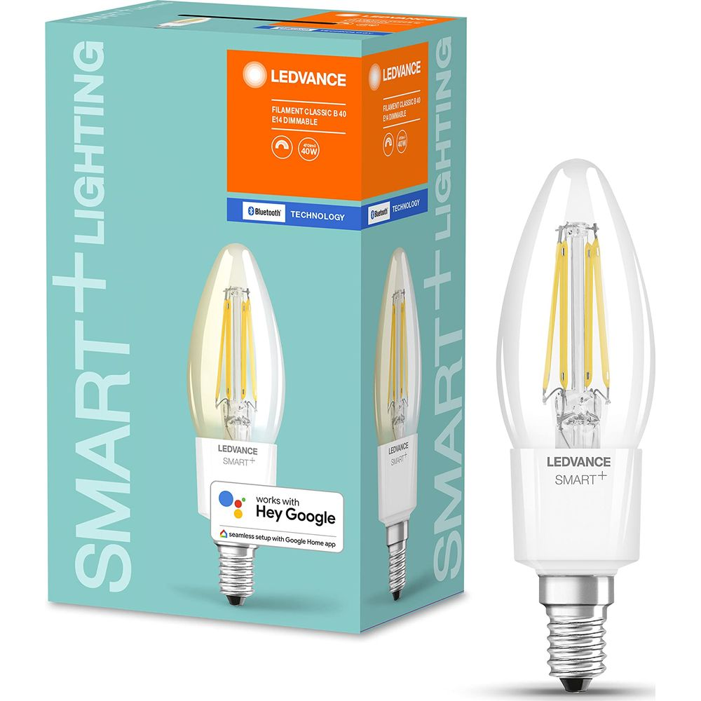 Eine klare LEDVANCE Smart Filament-Glühbirne mit Bluetooth und Google Home Kompatibilität.