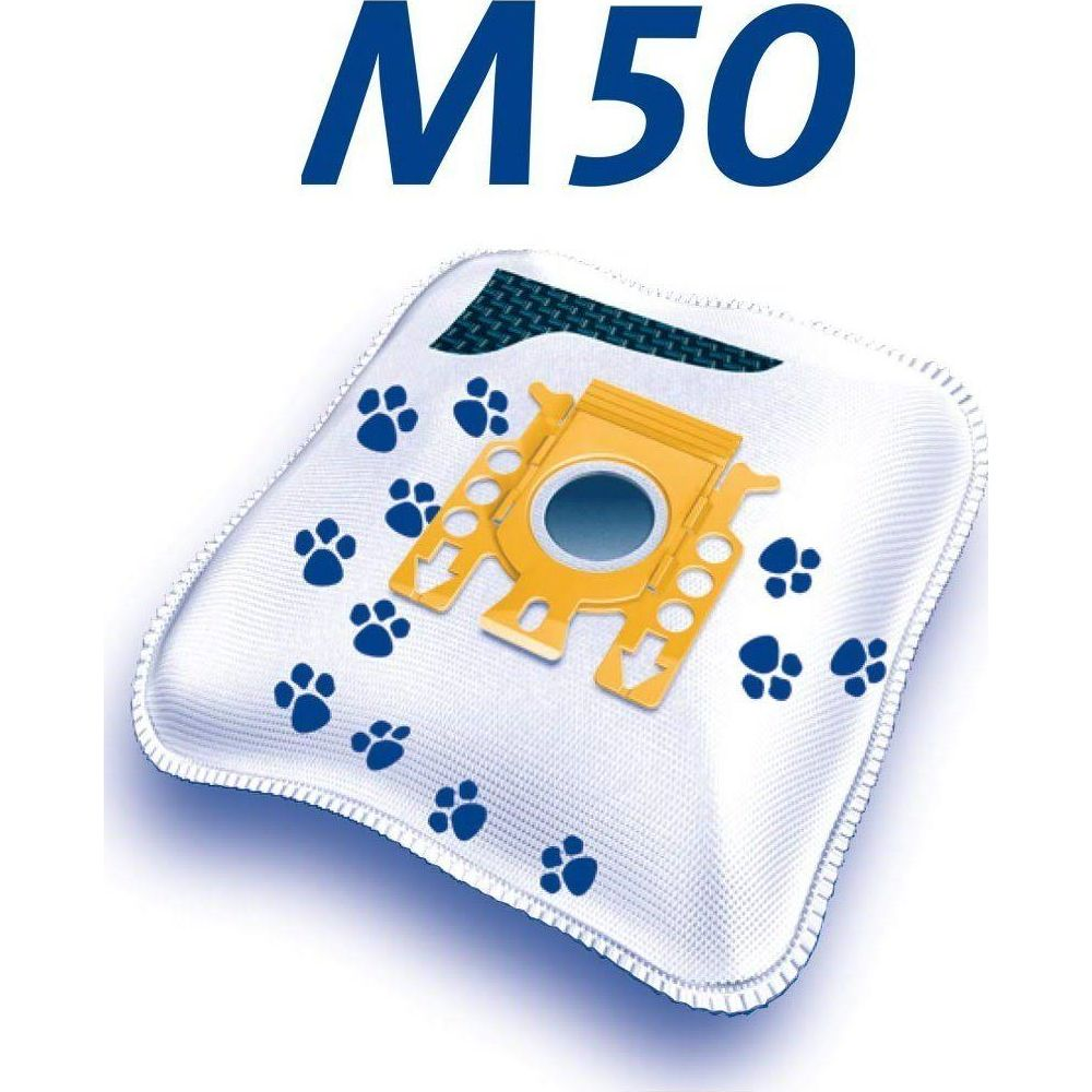 Staubsaugerbeutel mit blauen Pfotenabdrücken und gelbem Anschluss. Text M50.