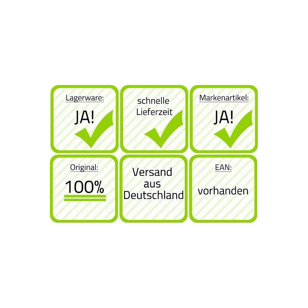 Sechs grüne Felder mit Text: Lagerware JA!, schnelle Lieferzeit, Markenartikel JA!, Original 100%, Versand aus Deutschland, EAN vorhanden.