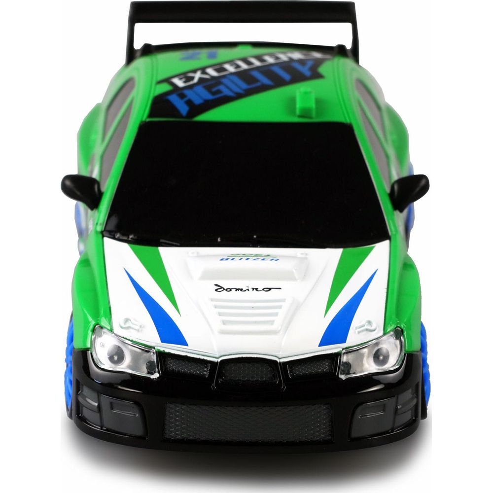 Una macchina da corsa giocattolo verde con accenti blu e bianchi.
