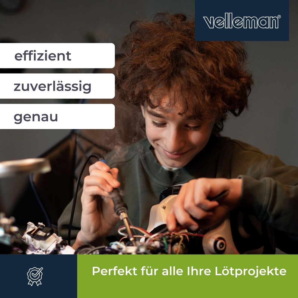 Chłopiec lutuje projekt. Tekst: wydajny, niezawodny, precyzyjny.