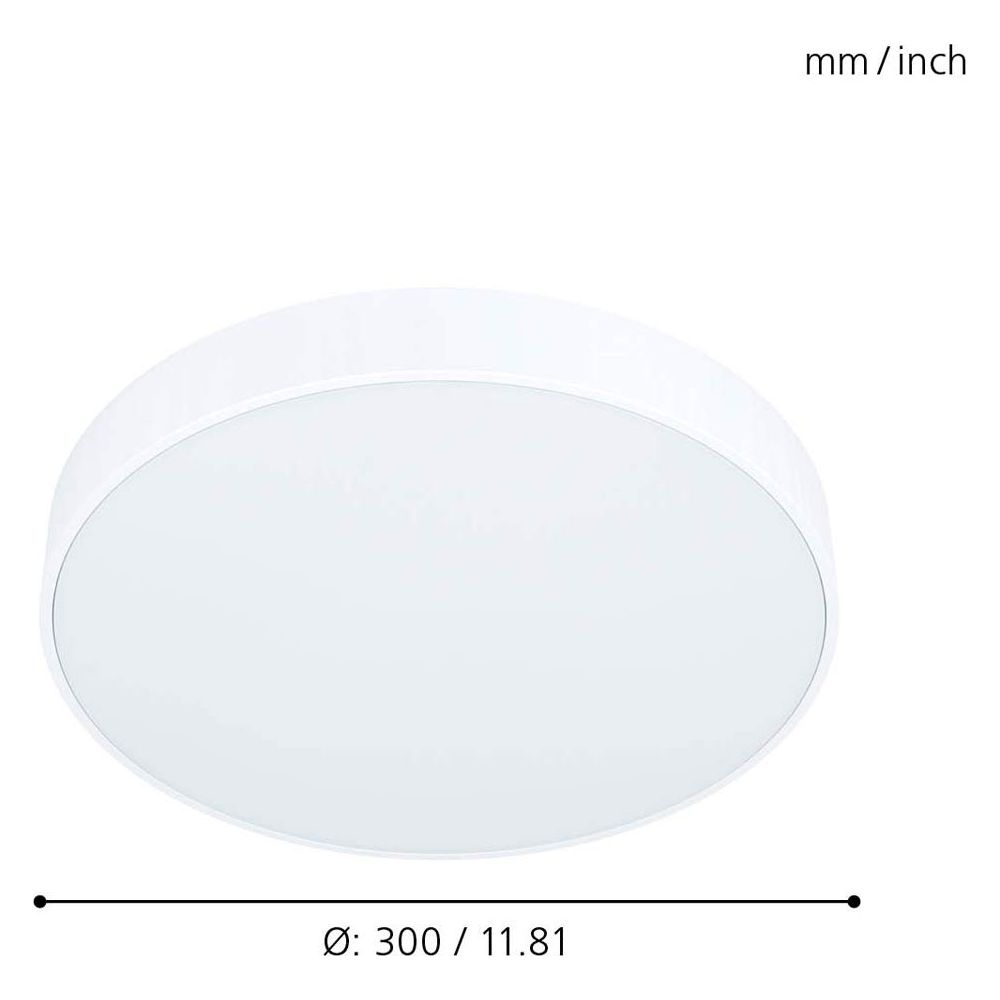 Plafonnier blanc avec diamètre indiqué : 300 mm / 11,81 pouces.