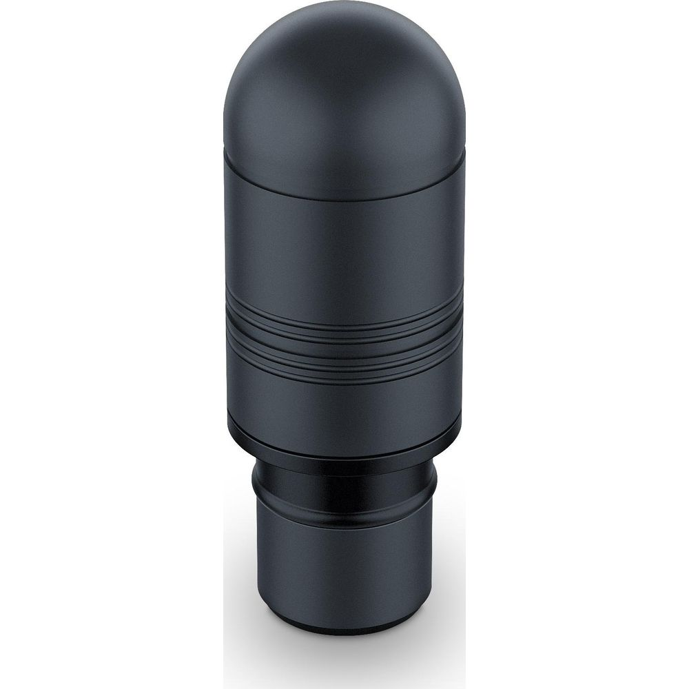Eine schwarze, zylindrische Kappe mit gerilltem Griff und abgerundetem oberen Ende.