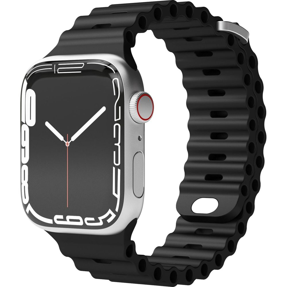 Eine silberne Smartwatch mit schwarzem Armband und digitaler Anzeige.