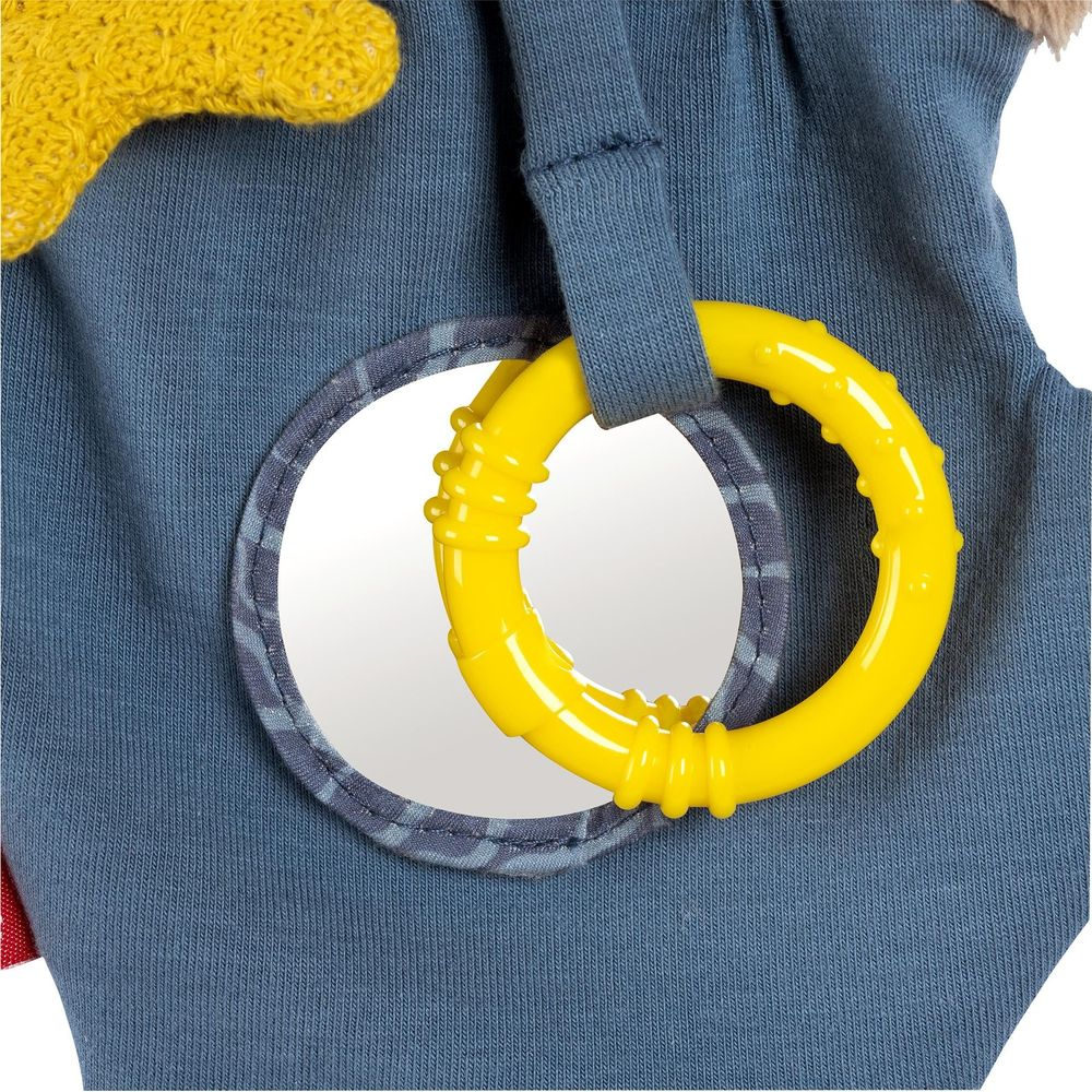 Un massaggiagengive blu per neonati con anello giallo e specchio.