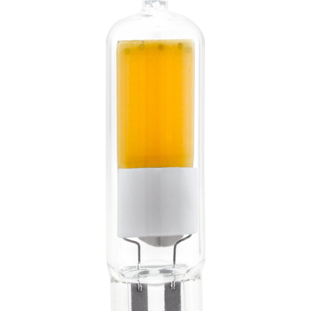 Une ampoule transparente avec élément lumineux jaune et base blanche.