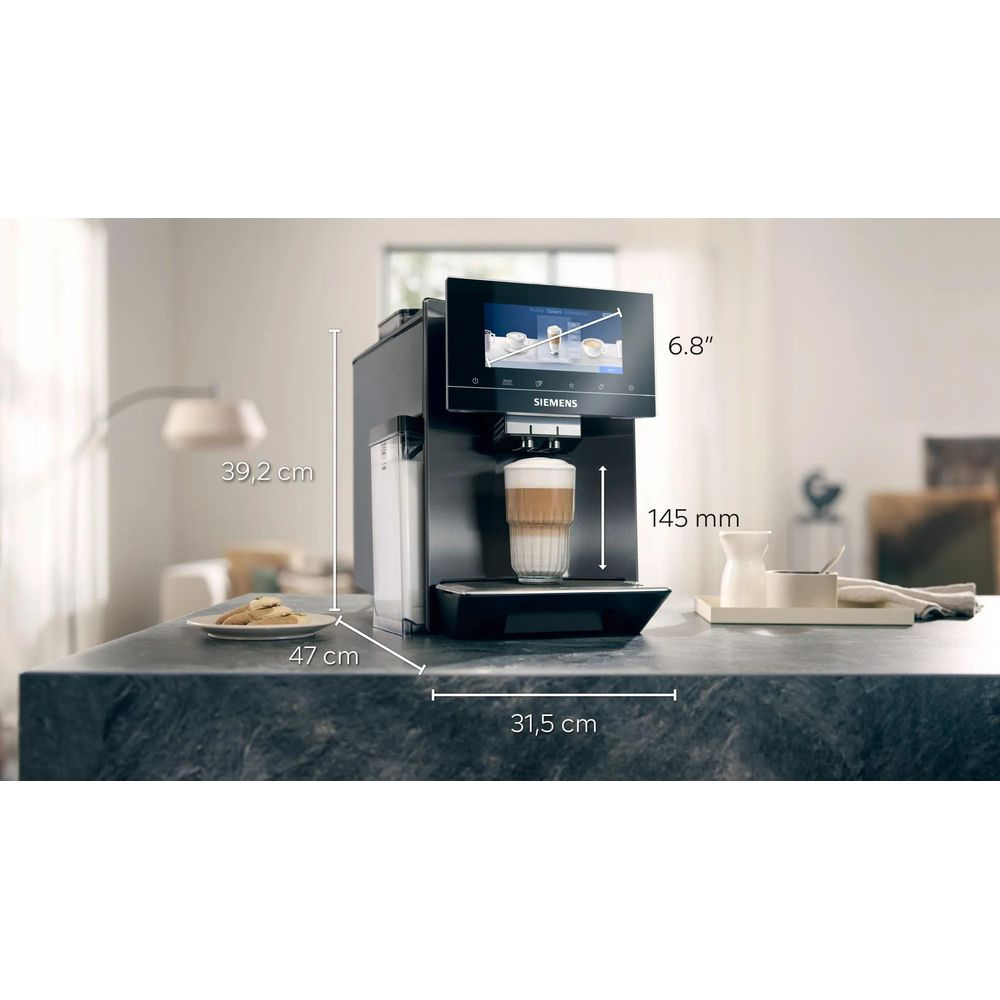 Czarny ekspres automatyczny z ekranem dotykowym i latte macchiato.